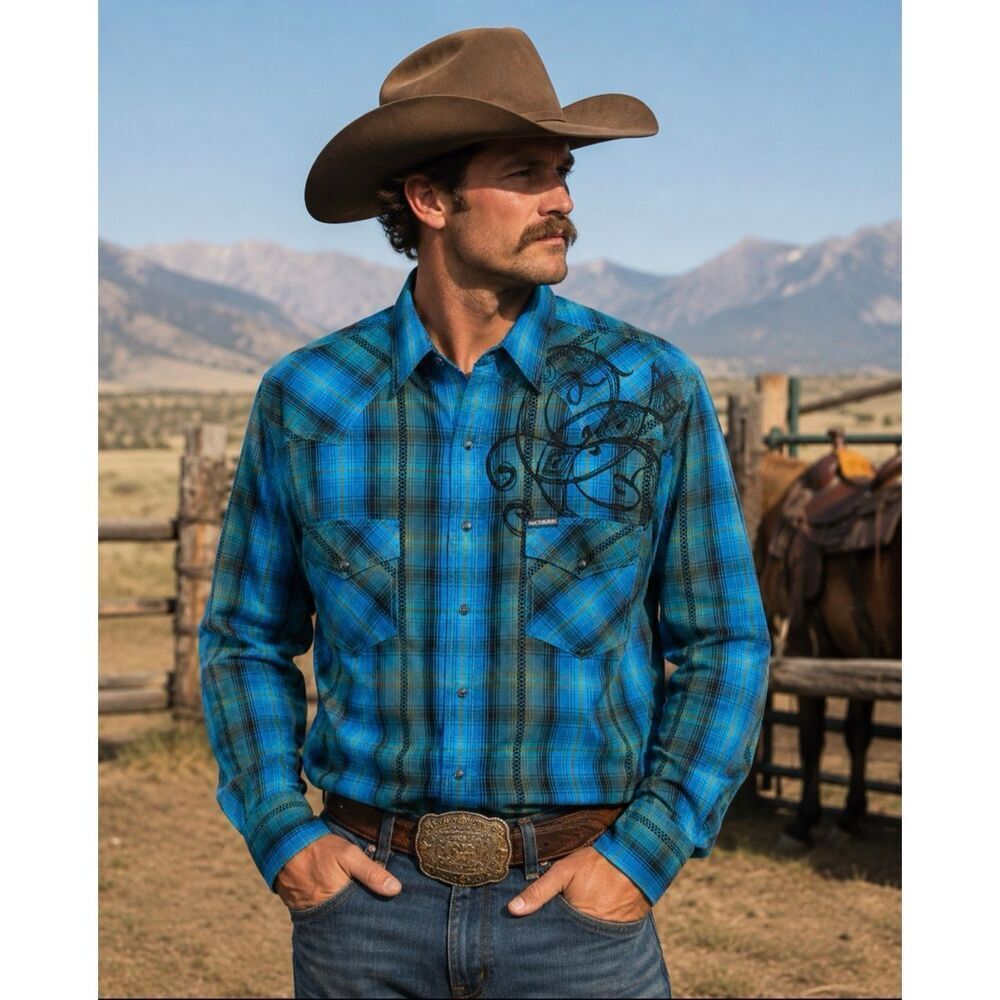 Western Shirt Men XL Pearl Snap Embroidered Rockabilly Rodeo Southern Thread